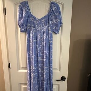 Elegant Blue and White Puff Sleeve Dress